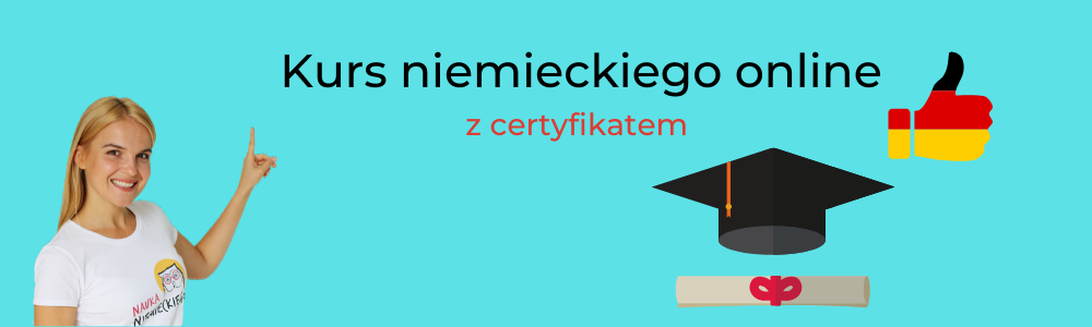 dziewczyna pokazuje na niebieska grafike z napisem kurs niemieckiego online z certyfikatem